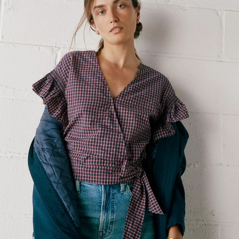 Madewell Navy & Red Flutter-Sleeve Side-Tie Wrap Top In Plaid